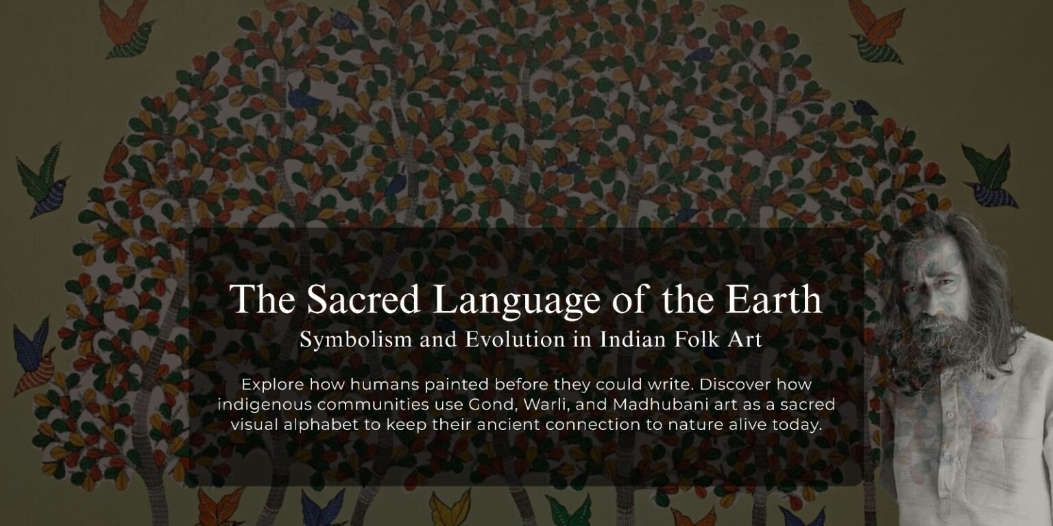A vibrant collage showcasing traditional Indian folk art styles, featuring the dotted patterns of Bhil art, detailed line work of Gond art, and white geometric stick figures of Warli art.