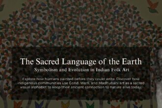 A vibrant collage showcasing traditional Indian folk art styles, featuring the dotted patterns of Bhil art, detailed line work of Gond art, and white geometric stick figures of Warli art.