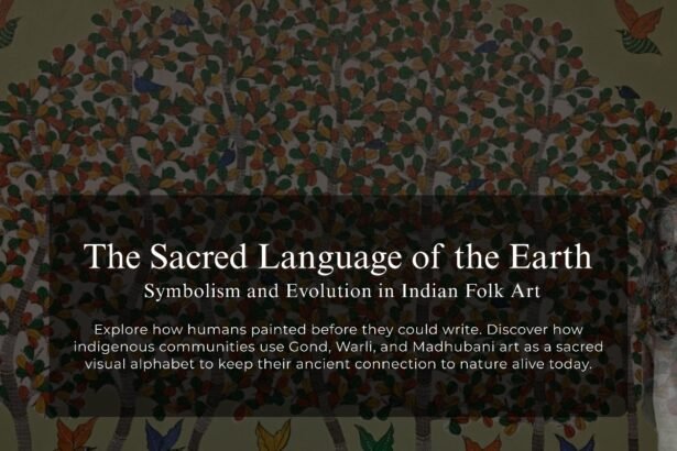 A vibrant collage showcasing traditional Indian folk art styles, featuring the dotted patterns of Bhil art, detailed line work of Gond art, and white geometric stick figures of Warli art.