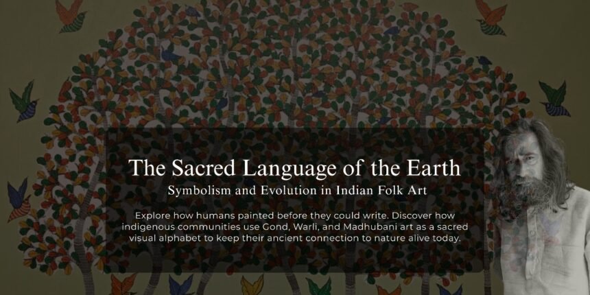 A vibrant collage showcasing traditional Indian folk art styles, featuring the dotted patterns of Bhil art, detailed line work of Gond art, and white geometric stick figures of Warli art.